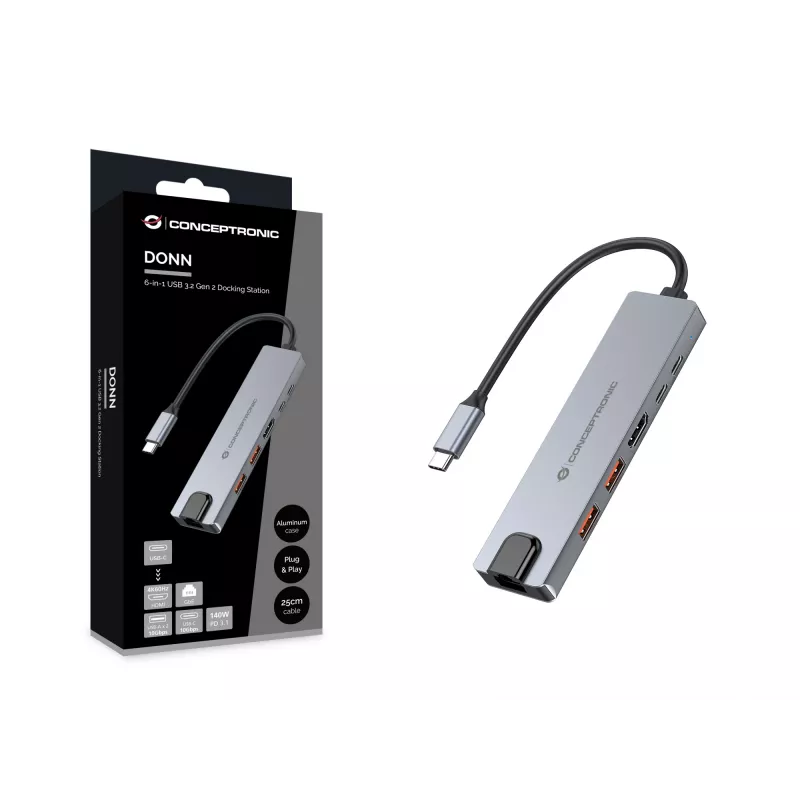 Conceptronic DONN29G 6-in-1 USB 3.2 Gen 2 dokavimo stotelė, 4K60Hz HDMI, USB-A 10Gbps x 2, USB-C 10Gbps, GbE LAN, 140W USB PD 3.1