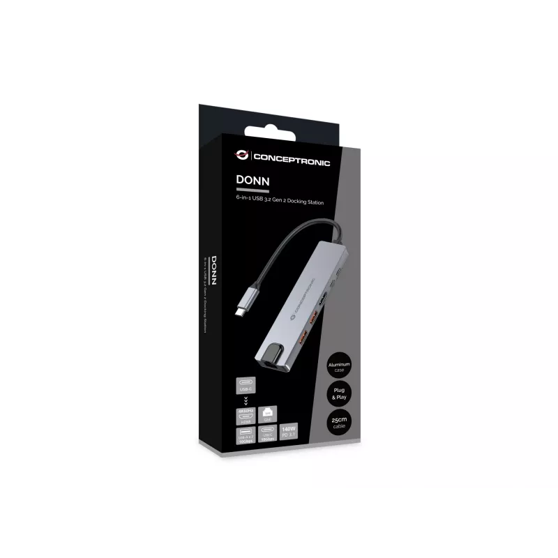 Conceptronic DONN29G 6-in-1 USB 3.2 Gen 2 dokavimo stotelė, 4K60Hz HDMI, USB-A 10Gbps x 2, USB-C 10Gbps, GbE LAN, 140W USB PD 3.1