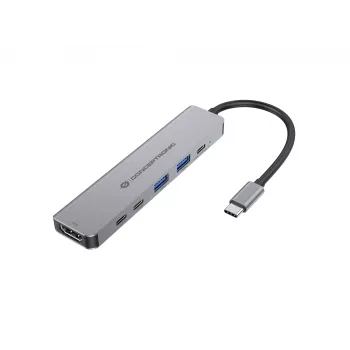 6-in-1 USB 3.2 Gen 1 Dockinė stotelė CONCEPTRONIC DONN33G HDMI, 2×USB-A 5Gbps, 2×USB-C 5Gbps, 100W USB PD, sidabrinė