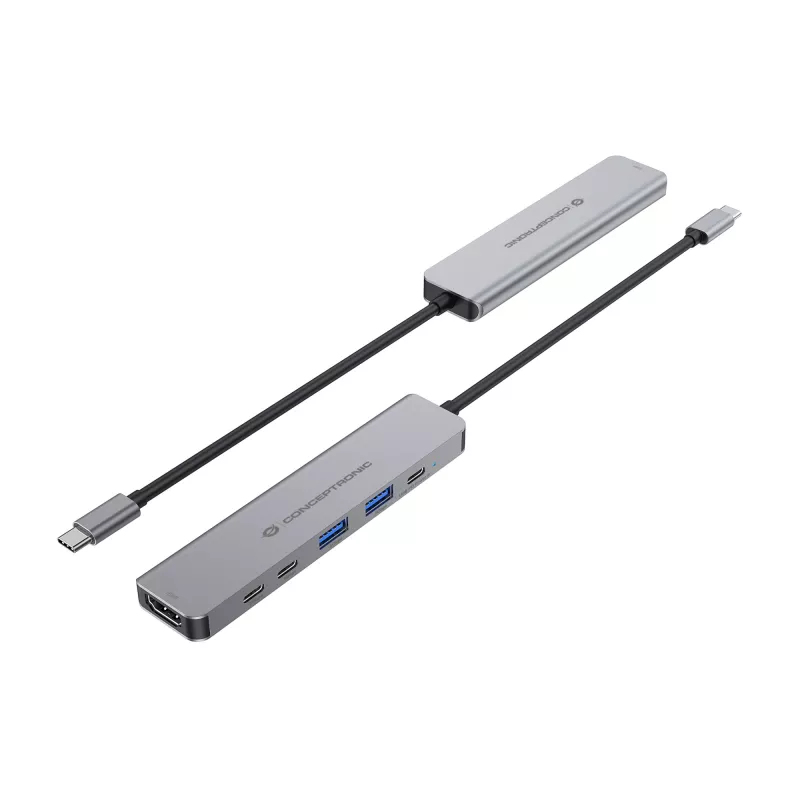 6-in-1 USB 3.2 Gen 1 Dockinė stotelė CONCEPTRONIC DONN33G HDMI, 2×USB-A 5Gbps, 2×USB-C 5Gbps, 100W USB PD, sidabrinė