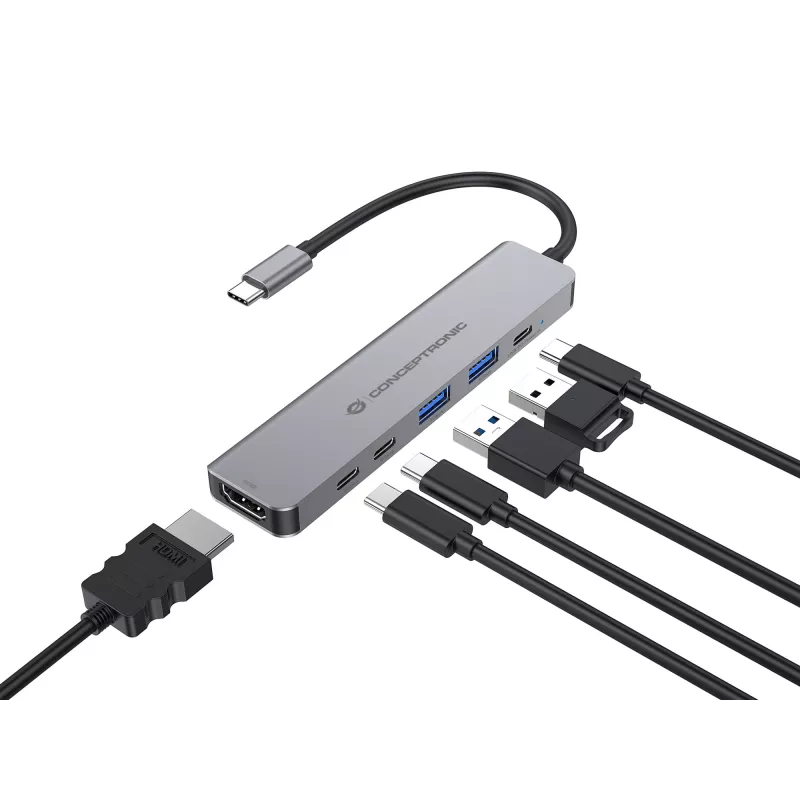 6-in-1 USB 3.2 Gen 1 Dockinė stotelė CONCEPTRONIC DONN33G HDMI, 2×USB-A 5Gbps, 2×USB-C 5Gbps, 100W USB PD, sidabrinė