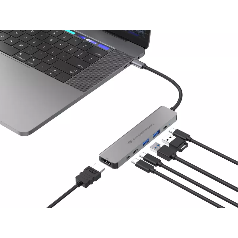 6-in-1 USB 3.2 Gen 1 Dockinė stotelė CONCEPTRONIC DONN33G HDMI, 2×USB-A 5Gbps, 2×USB-C 5Gbps, 100W USB PD, sidabrinė