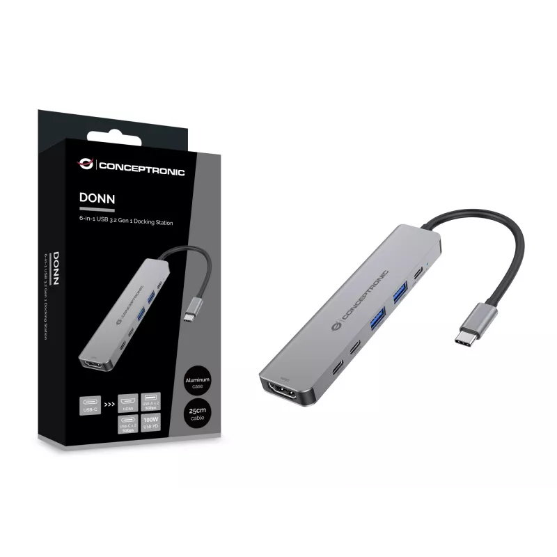 6-in-1 USB 3.2 Gen 1 Dockinė stotelė CONCEPTRONIC DONN33G HDMI, 2×USB-A 5Gbps, 2×USB-C 5Gbps, 100W USB PD, sidabrinė