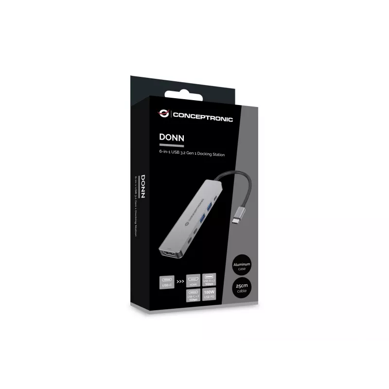 6-in-1 USB 3.2 Gen 1 Dockinė stotelė CONCEPTRONIC DONN33G HDMI, 2×USB-A 5Gbps, 2×USB-C 5Gbps, 100W USB PD, sidabrinė