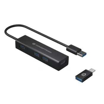 Conceptronic 4 prievadų USB 3.0 aliumininis išplėtimo šakotuvas su USB-C į USB-A adapteriu