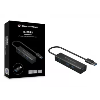 Conceptronic 4 prievadų USB 3.0 aliumininis išplėtimo šakotuvas su USB-C į USB-A adapteriu