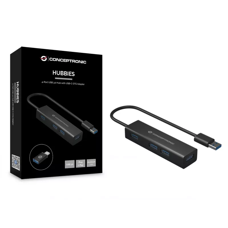 Conceptronic 4 prievadų USB 3.0 aliumininis išplėtimo šakotuvas su USB-C į USB-A adapteriu