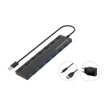 Conceptronic HUBBIES19BP 7 prievadų USB 3.0 šakotuvas su maitinimo adapteriu, 90 cm kabeliu, individualiais jungikliais, USB 3.2 Gen 1