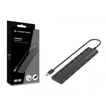 Conceptronic HUBBIES19BP 7 prievadų USB 3.0 šakotuvas su maitinimo adapteriu, 90 cm kabeliu, individualiais jungikliais, USB 3.2 Gen 1