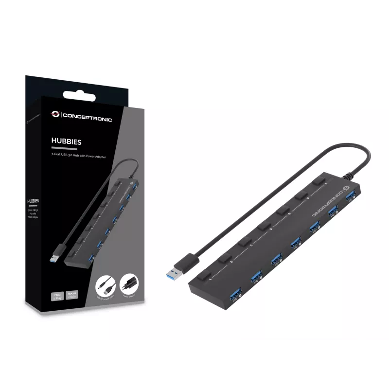 Conceptronic HUBBIES19BP 7 prievadų USB 3.0 šakotuvas su maitinimo adapteriu, 90 cm kabeliu, individualiais jungikliais, USB 3.2 Gen 1
