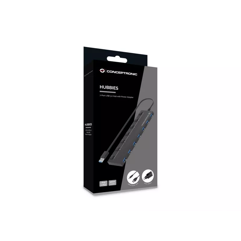 Conceptronic HUBBIES19BP 7 prievadų USB 3.0 šakotuvas su maitinimo adapteriu, 90 cm kabeliu, individualiais jungikliais, USB 3.2 Gen 1
