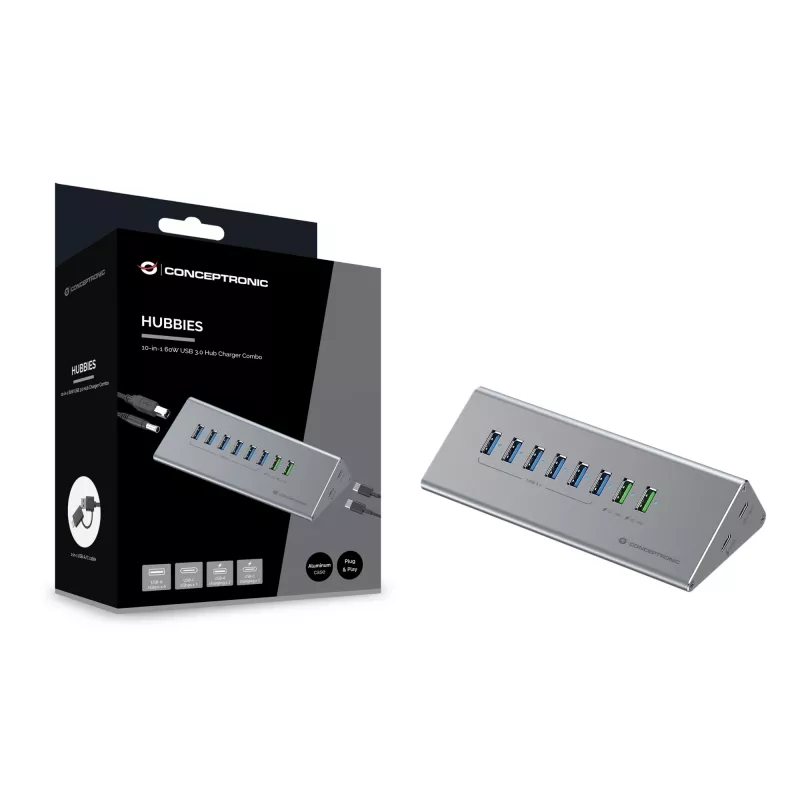 Conceptronic HUBBIES18G 10-in-1 60W USB 3.0 Hub Įkroviklio Derinys, 2-in-1 USB-C USB-A Laidas, USB 3.2 Gen 1