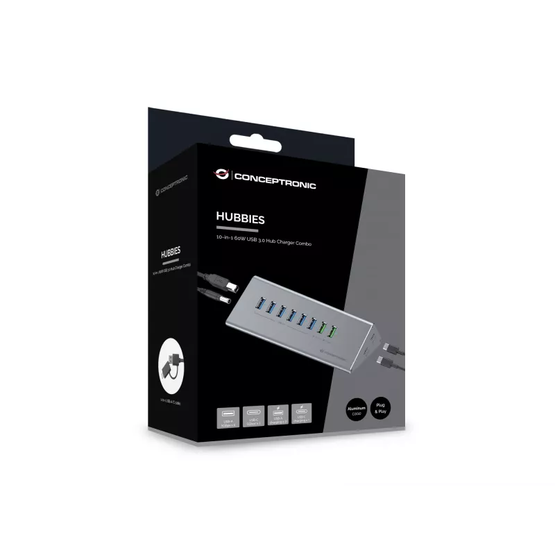 Conceptronic HUBBIES18G 10-in-1 60W USB 3.0 Hub Įkroviklio Derinys, 2-in-1 USB-C USB-A Laidas, USB 3.2 Gen 1