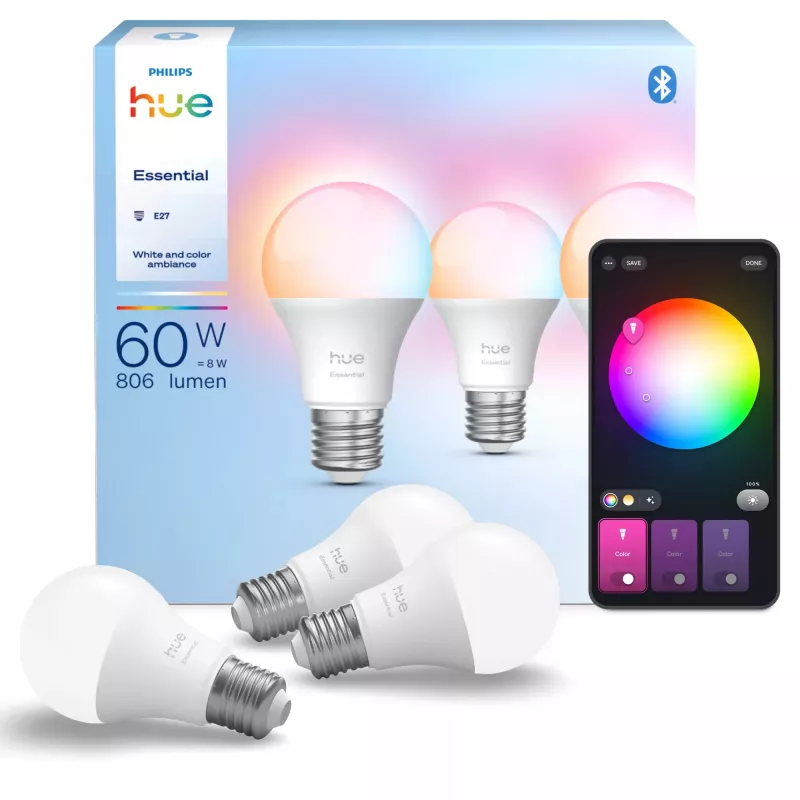 “Philips Hue White and colour ambience Essential A60 – E27 išmanioji lemputė – 806 lm – 8 W – 3 vnt. pakuotė”