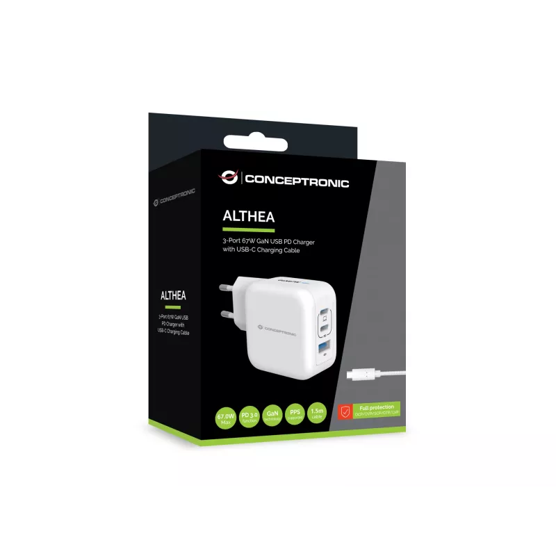 Conceptronic 3 prievadų 67W GaN USB PD įkroviklis su USB-C įkrovimo laidu, USB-C x 2, USB-A x 1, QC 3.0, PPS