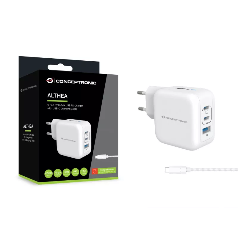 Conceptronic 3 prievadų 67W GaN USB PD įkroviklis su USB-C įkrovimo laidu, USB-C x 2, USB-A x 1, QC 3.0, PPS