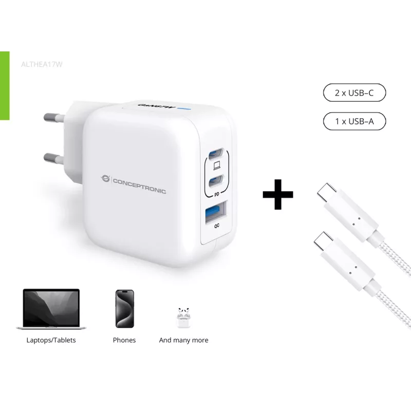 Conceptronic 3 prievadų 67W GaN USB PD įkroviklis su USB-C įkrovimo laidu, USB-C x 2, USB-A x 1, QC 3.0, PPS