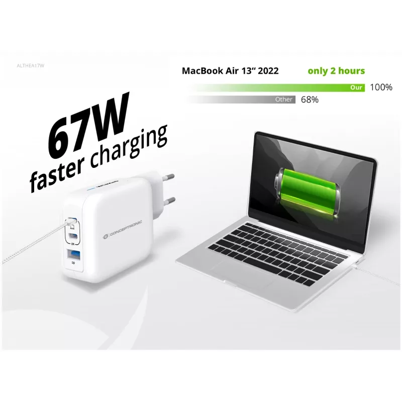 Conceptronic 3 prievadų 67W GaN USB PD įkroviklis su USB-C įkrovimo laidu, USB-C x 2, USB-A x 1, QC 3.0, PPS