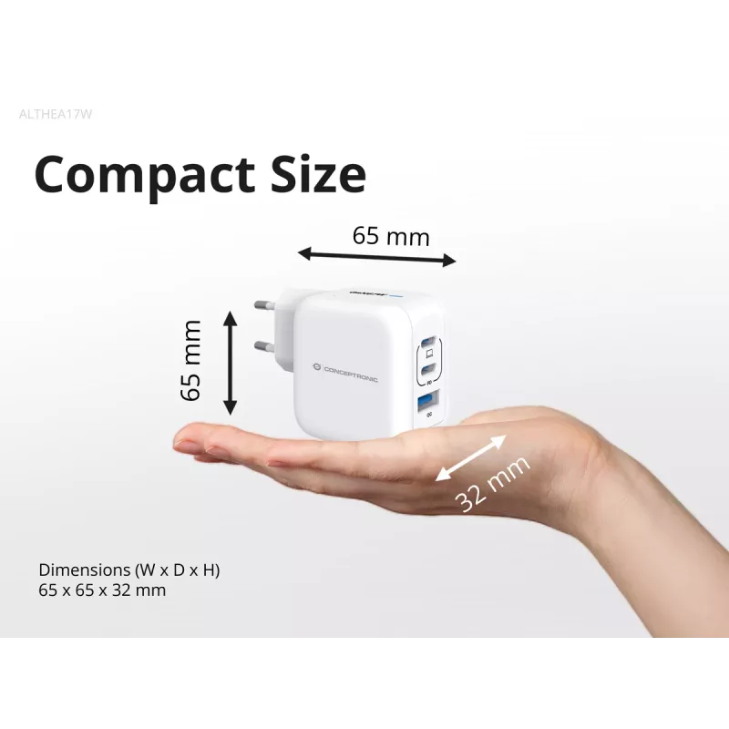 Conceptronic 3 prievadų 67W GaN USB PD įkroviklis su USB-C įkrovimo laidu, USB-C x 2, USB-A x 1, QC 3.0, PPS