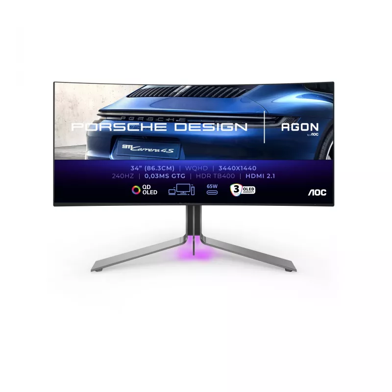 Monitorius AOC Porsche PD34 86,4 cm (34 colių) 3440 x 1440 pikselių Wide Quad HD QD-OLED juodas