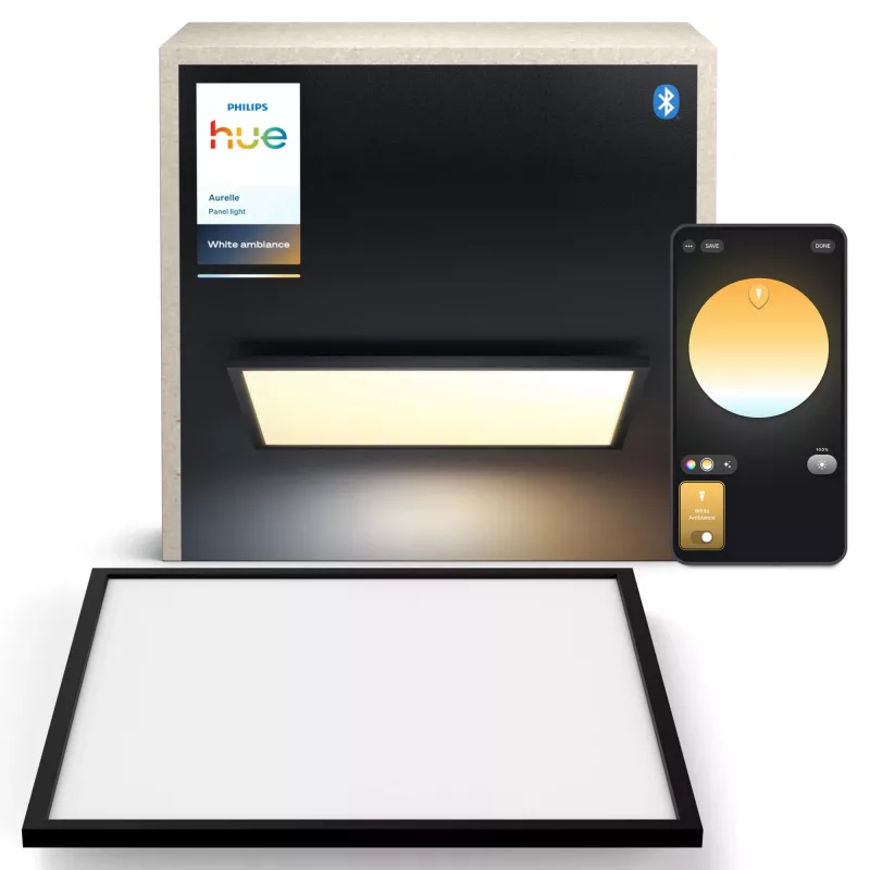 Protingos lubinės lempos Philips Hue Aurelle Square Panel 600×600 mm, Bluetooth, 220–240V, 48 mm gylis, juoda/balta