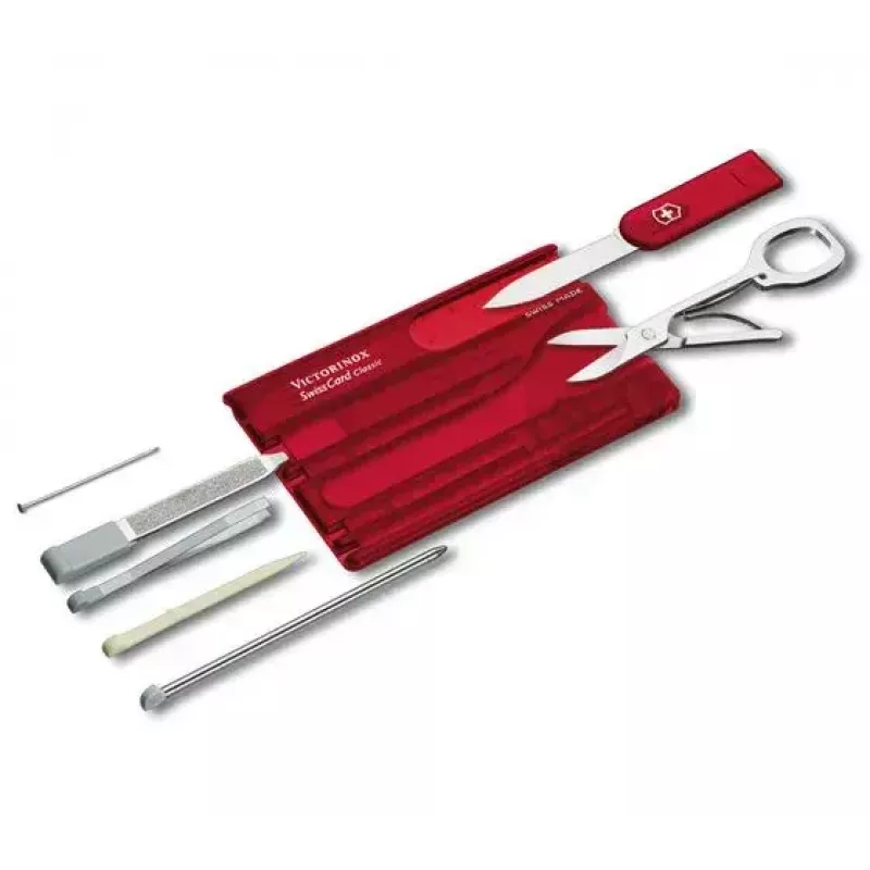 Victorinox SwissCard Classic Raudona – kortelės dydžio daugiafunkcis įrankis