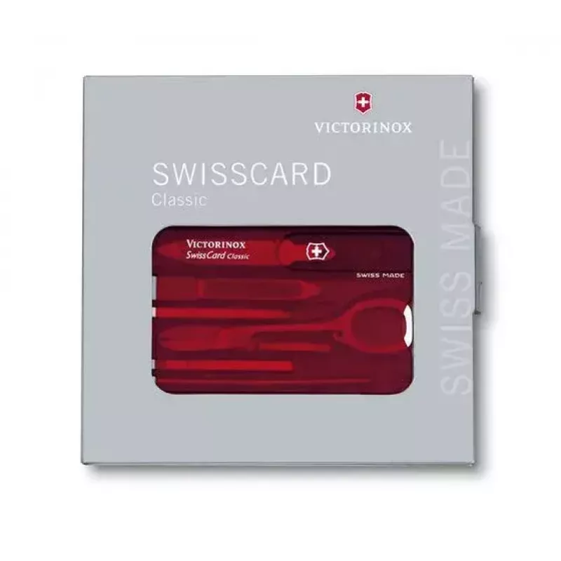 Victorinox SwissCard Classic Raudona – kortelės dydžio daugiafunkcis įrankis