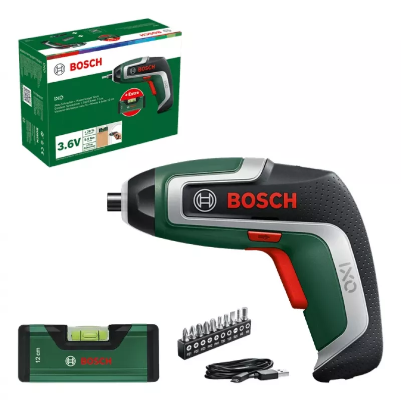 Belaidis atsuktuvas Bosch IXO 7 su 32 dalių antgalių rinkiniu, įkraunamas rankinis atsuktuvas