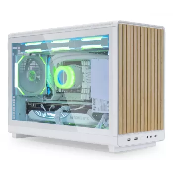 PC korpusas Lian Li A3-mATX Micro Tower — Baltas su medžiu, palaiko ATX/SFX/SFX-L maitinimo šaltinius, Micro-ATX/Micro-ITX, 1x3.5 colio + 2x2.5 colio