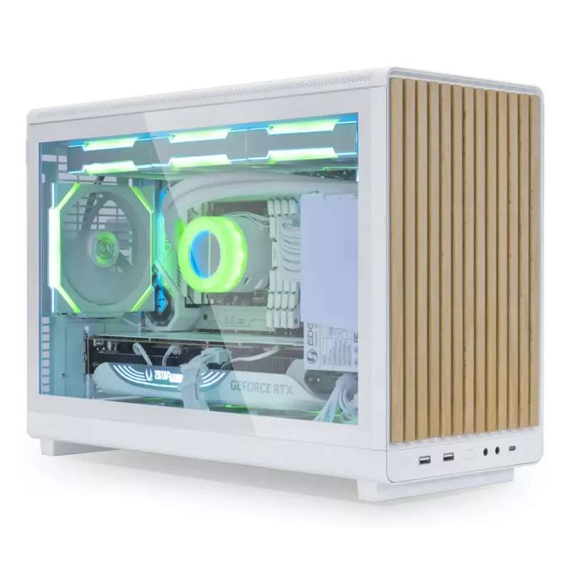 PC korpusas Lian Li A3-mATX Micro Tower — Baltas su medžiu, palaiko ATX/SFX/SFX-L maitinimo šaltinius, Micro-ATX/Micro-ITX, 1x3.5 colio + 2x2.5 colio