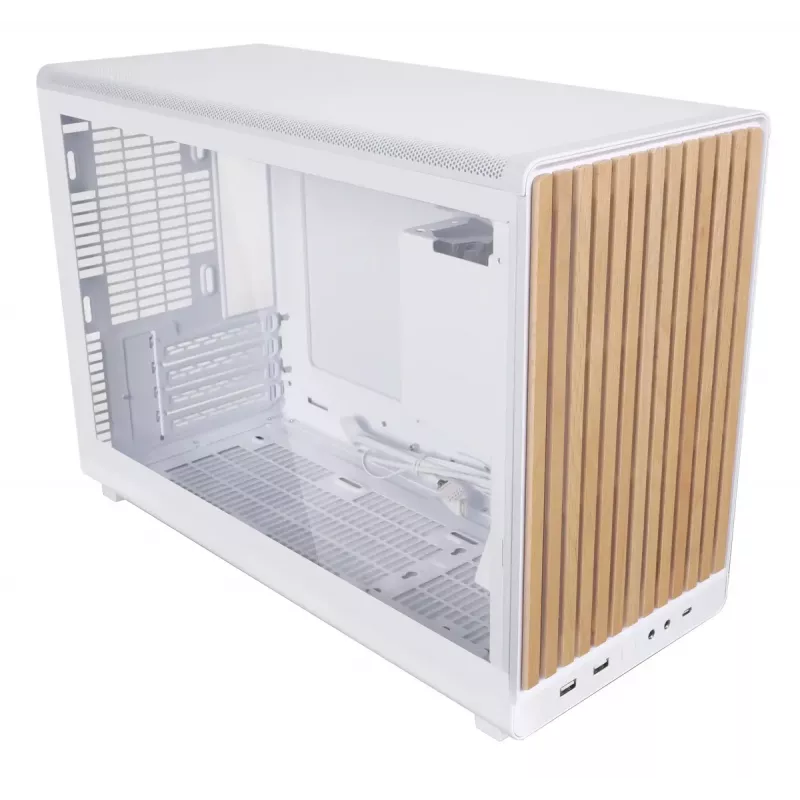 PC korpusas Lian Li A3-mATX Micro Tower — Baltas su medžiu, palaiko ATX/SFX/SFX-L maitinimo šaltinius, Micro-ATX/Micro-ITX, 1x3.5 colio + 2x2.5 colio