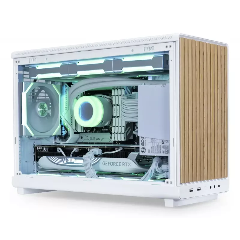 PC korpusas Lian Li A3-mATX Micro Tower — Baltas su medžiu, palaiko ATX/SFX/SFX-L maitinimo šaltinius, Micro-ATX/Micro-ITX, 1x3.5 colio + 2x2.5 colio
