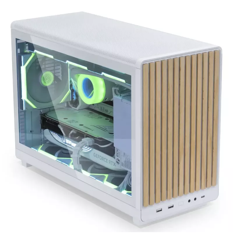 PC korpusas Lian Li A3-mATX Micro Tower — Baltas su medžiu, palaiko ATX/SFX/SFX-L maitinimo šaltinius, Micro-ATX/Micro-ITX, 1x3.5 colio + 2x2.5 colio