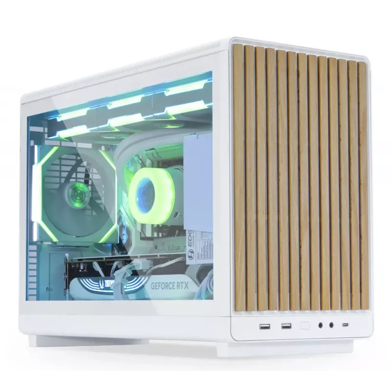 PC korpusas Lian Li A3-mATX Micro Tower — Baltas su medžiu, palaiko ATX/SFX/SFX-L maitinimo šaltinius, Micro-ATX/Micro-ITX, 1x3.5 colio + 2x2.5 colio