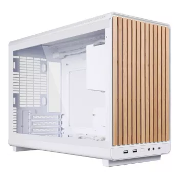 PC korpusas Lian Li A3-mATX Micro Tower — Baltas su medžiu, palaiko ATX/SFX/SFX-L maitinimo šaltinius, Micro-ATX/Micro-ITX, 1x3.5 colio + 2x2.5 colio