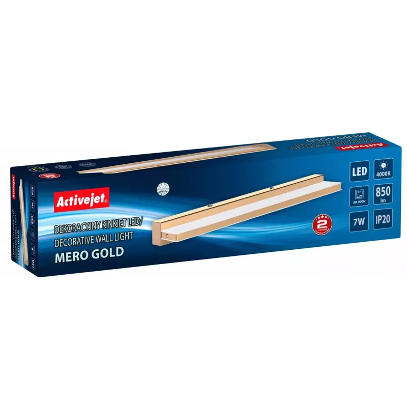 LED sieninis šviestuvas ActiveJet AJE-MERO GOLD, montuojamas ant paviršiaus, stačiakampis, 4000 K, 850 lm, nekeičiama lemputė