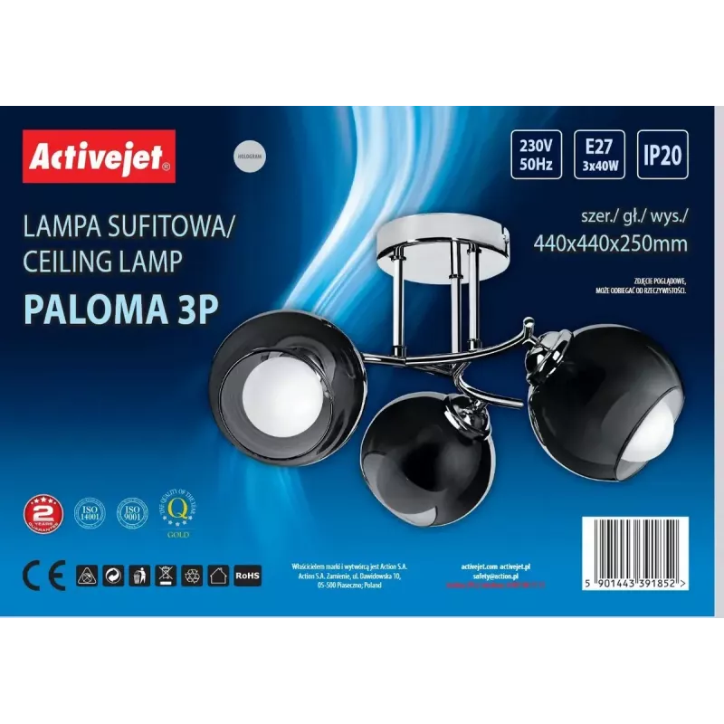 Pakabinamas šviestuvas ActiveJet AJE-PALOMA 3P E27, 3×40W, montuojamas prie lubų, sidabrinis, IP20, 440×250 mm