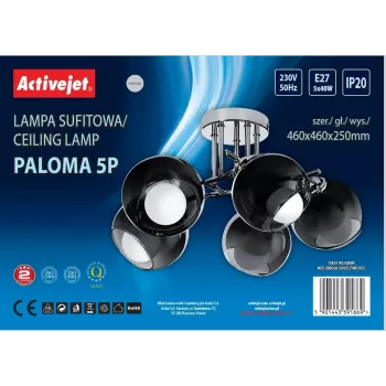 Pakabinamas šviestuvas ActiveJet AJE-PALOMA 5P, 5×E27 40W, sidabrinis rėmas, juodas stiklas, IP20, 460×250×460 mm