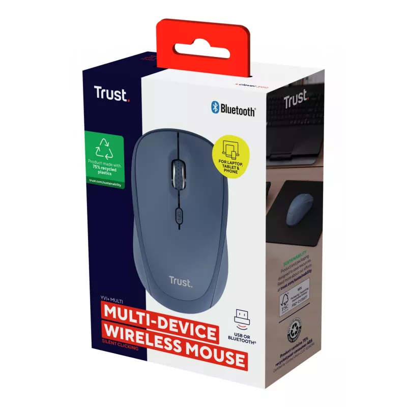 Trust Yvi+ pelė Universal Ambidextrous RF Wireless + Bluetooth Optinė 1600 DPI