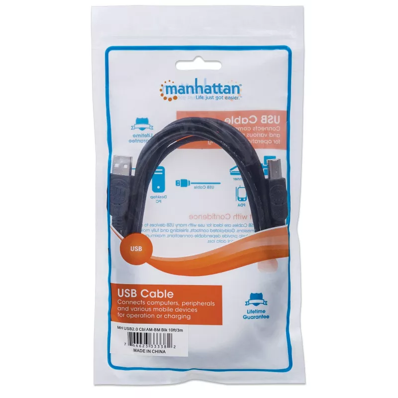 Manhattan USB-A į USB-B laidas, 3 m, vyriškas į vyrišką, 480 Mbps (USB 2.0), Hi-Speed USB, juodas, visam gyvenimui garantija