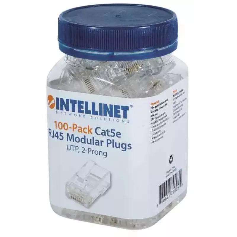 Intellinet RJ45 kištukai, Cat5e, UTP, 2 kontaktai, vytajai gyslai, 15 µ auksuoti kontaktai, 100 vnt.