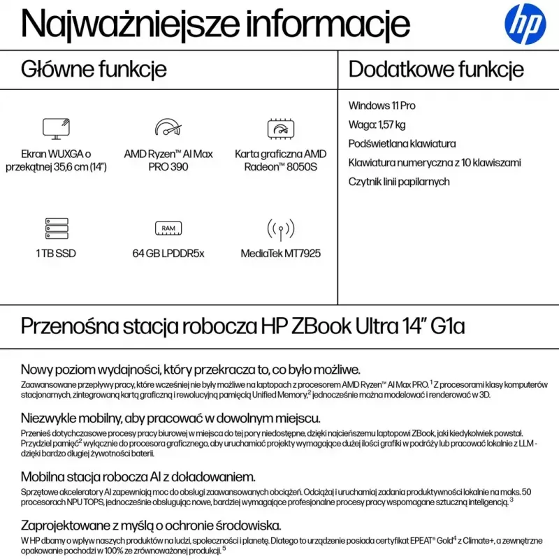 Nešiojama darbo stotis HP ZBook Ultra 14 G1a — 14,0 colio WUXGA IPS 400 nitų, AMD Ryzen AI Max PRO 390, 64 GB LPDDR5x-8533, 1 TB SSD, Radeon 8050S