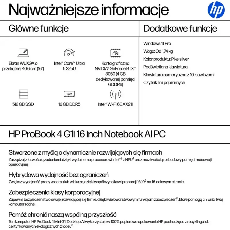 Nešiojamas kompiuteris HP ProBook 4 G1i, 16 colių, 16GB RAM, 512GB SSD, Windows 11 Pro, QWERTY US