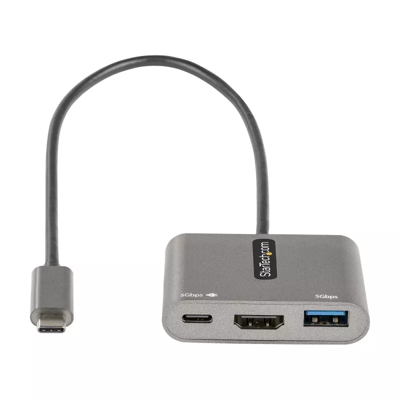 StarTech.com USB-C kelių prievadų adapteris, USB-C į HDMI 4K vaizdas, 100W PD perdavimas, USB 3.0 šakotuvas 5Gbps (1xType-C/1xA), USB-C mini dokas, USB-C kelioninis dokas, nešiojama nešiojamojo kompiuterio dokavimo stotelė