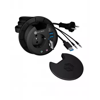 ICY BOX IB-HUB1430-CR įmontuojamas stalo kištukinis lizdas su USB jungtimis, juodas