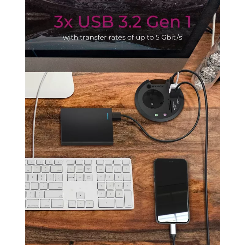 ICY BOX IB-HUB1430-CR įmontuojamas stalo kištukinis lizdas su USB jungtimis, juodas