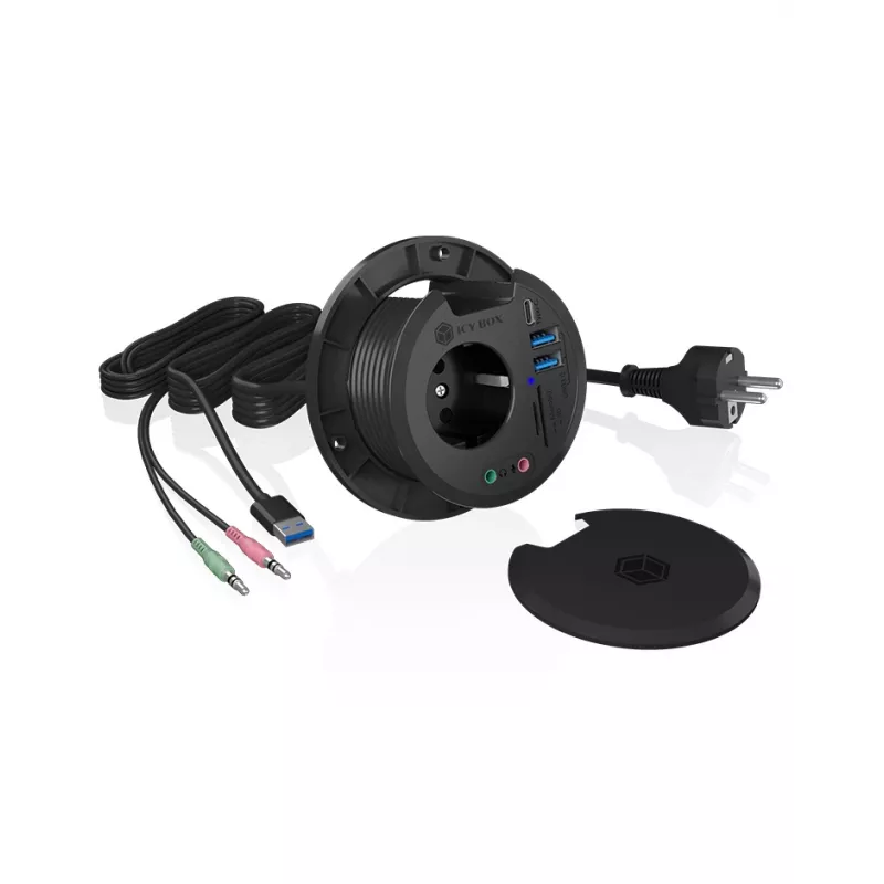 ICY BOX IB-HUB1430-CR įmontuojamas stalo kištukinis lizdas su USB jungtimis, juodas