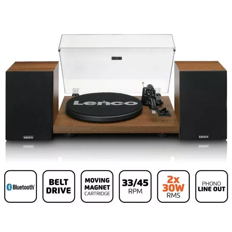 Patefonas Lenco LS-480WD su įmontuotu stiprintuvu, Bluetooth, diržine pavara, 33/45 aps./min., 2×30 W RMS, mediniais garsiakalbiais