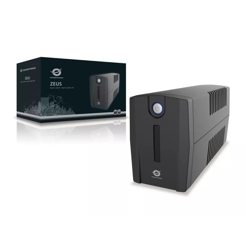 Conceptronic ZEUS01ES UPS, 650 VA (0,65 kVA), 360 W, 2x Schuko, HID USB, RJ45 įvestis/išvestis, 220-240 V, juodas