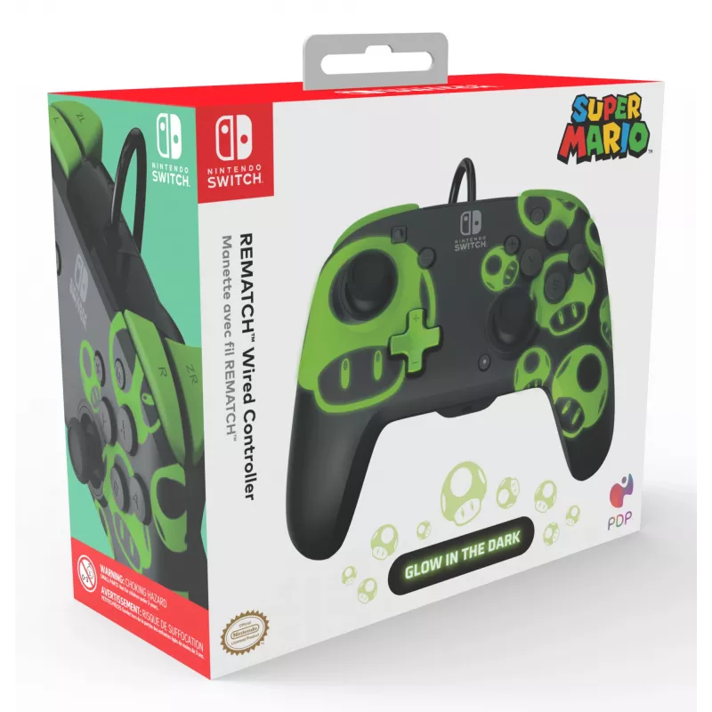 Žaidimų pultas PDP REMATCH Wired Controller 1-Up Glow in the Dark, skirtas Nintendo Switch, USB, 3 m laidas, D-pad, Home mygtukas, juoda/žalia